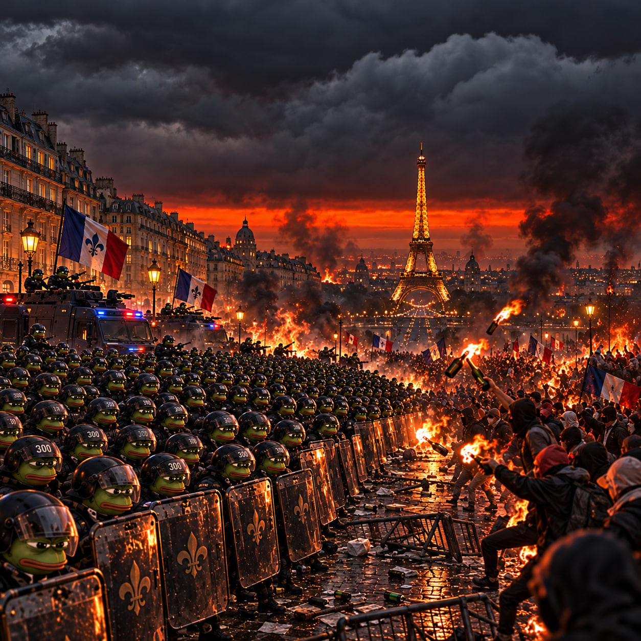 Pepe frog riot police face a fiery crowd in Paris